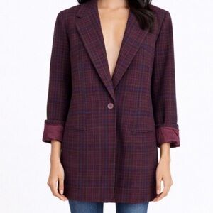 Burgundy Plaid Wool Blazer Longline Preppy Fall Jacket Women’s Size 8 Leslie Fay